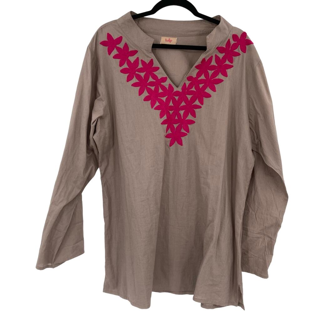 Tulip Gauzy Hot Pink Floral Embroidered V Neck Popover Tunic Beach Coverup XL